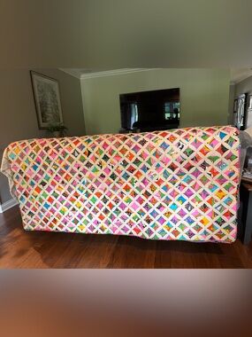 Vintage Handmade Cathedral Window Quilt Retro Boho Full Queen. 75” x 92”. TVR